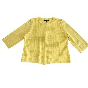 Ming Wang Women's Cardigan Sweater PL Petite Large Yellow Pointelle 1/4 Sleeve